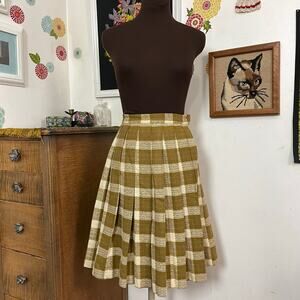 Vintage Gold and Cream Pleated Skirt, 1970s Mustard Plaid Schoolgirl Style, XXS